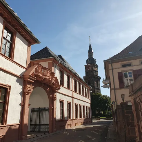 Eine charmante Straße mit historischen Gebäuden und einem markanten Kirchturm im Hintergrund. Der Himmel ist klar und sonnig.