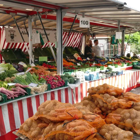 Ein schöner Marktstand mit frischem Obst und Gemüse. Viele Farben und Sorten sind auf den Tischen angeordnet.