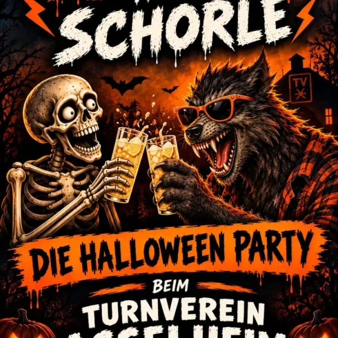 Eine Halloween-Party mit einem Skelett und einem Werwolf, die Drinks genießen. Das Event findet am 24. Oktober 2026 beim Turnverein Asselheim statt.