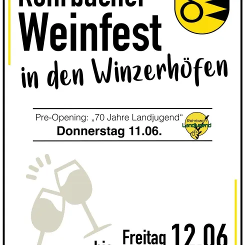 Ein Plakat für das Rohrbacher Weinfest in den Winzerhöfen. Die Veranstaltung findet von Donnerstag, dem 11. Juni, bis Montag, dem 15. Juni 2026, statt.