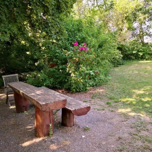 Ein rustikaler Tisch aus Holz steht in einem grünen Garten. Umgeben von Bäumen und Sträuchern, bietet der Ort eine ruhige Atmosphäre.