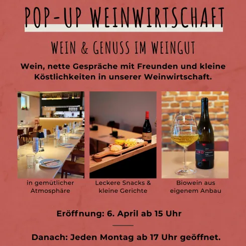 Das Bild zeigt ein Plakat für eine Pop-up Weinwirtschaft. Es lädt zu Wein, Snacks und Gesprächen in gemütlicher Atmosphäre ein.