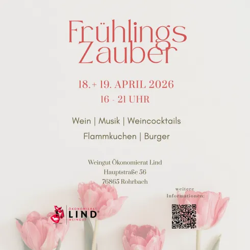 Eine Veranstaltung namens "Frühlingszauber" mit Datum und Uhrzeit. Auf dem Bild sind rosa Tulpen abgebildet, die eine fröhliche Atmosphäre schaffen.