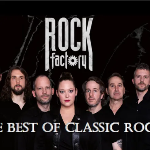 Eine Band mit sieben Mitgliedern steht vor einem dunklen Hintergrund. Der Schriftzug "ROCK factory" und "THE BEST OF CLASSIC ROCK" sind sichtbar.