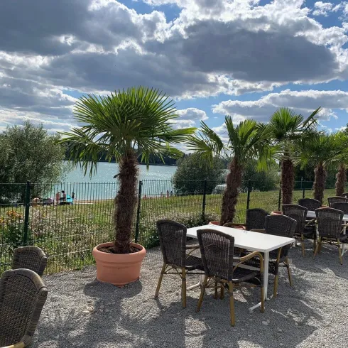 Ein schöner Außenbereich mit Palmen und Tischen am Wasser. Der Himmel ist klar mit einigen Wolken.