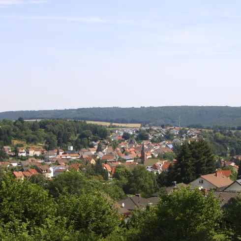 Eine malerische Landschaft mit einem kleinen Dorf eingebettet in hügelige Grünflächen. Im Hintergrund sind sanfte Hügel und ein klarer Himmel zu sehen.