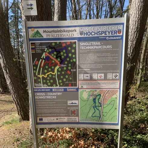 Ein Informationsschild für den Mountainbikepark Pfälzerwald. Es zeigt die unterschiedlichen Strecken und Parcours für Mountainbiker.