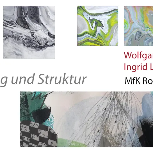 Eine künstlerische Collage mit abstrakten Farben und Strukturen. Die Werke stammen von Wolfgang Fritz und Ingrid Lebong und sind Teil einer Ausstellung in MfK Rockenhausen.