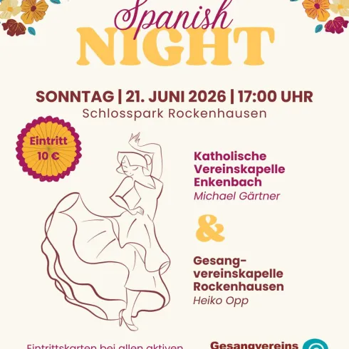 Ein Plakat für die Veranstaltung "Spanish Night" im Schlosspark Rockenhausen. Es enthält Informationen über das Event, einschließlich Datum, Uhrzeit und Eintrittspreis.