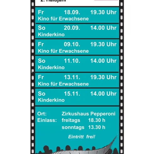 Ein Kinoprogramm für das zweite Halbjahr 2026 in Rockenhausen. Es zeigt die Termine für Erwachsenen- und Kinderkinovorführungen im Zirkushaus Pepperoni.