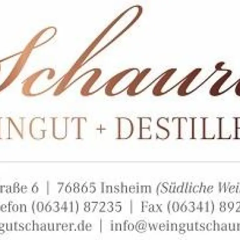 Ein elegantes Logo des Weinguts Schaurer, das die Begriffe "Weingut" und "Destillerie" umfasst. Kontaktdaten und Adresse sind ebenfalls aufgeführt.
