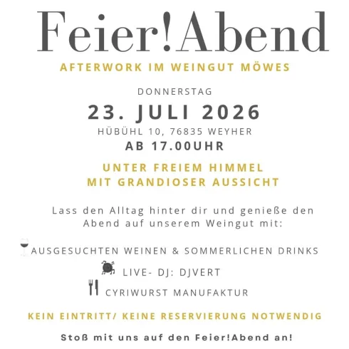 Ein Flyer für eine Afterwork-Veranstaltung im Weingut Möwes. Der Abend bietet Weine, Sommerdrinks und Live-DJ mit schöner Aussicht.
