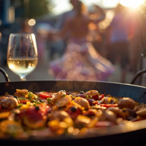 Im Vordergrund eine große Pfanne mti typisch spanischer Paella, Weingläser stehen auf dem Tisch und im Hintergrund ist unscharf eine spanische Flamencotänzerin zu erkennen.