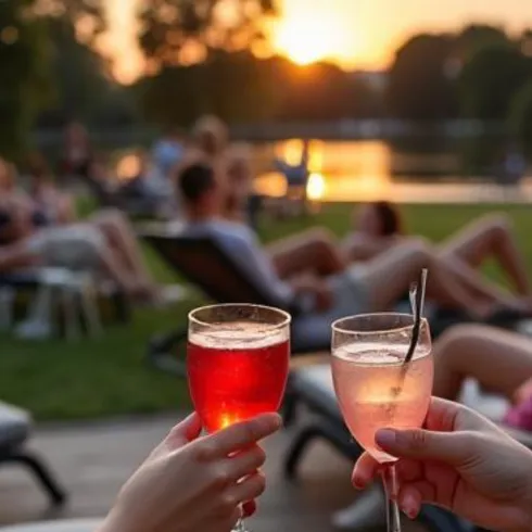 Zwei Personen stoßen mit bunten Cocktails auf einer Wiese bei Sonnenuntergang an. Im Hintergrund sind entspannte Menschen und eine ruhige Gewässerlandschaft zu sehen.