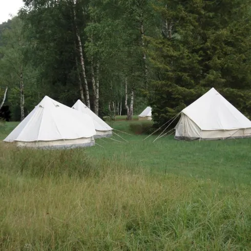 Eine Gruppe von weißen Zelten steht auf einer grünen Wiese umgeben von Bäumen. Der Ort wirkt ruhig und einladend.