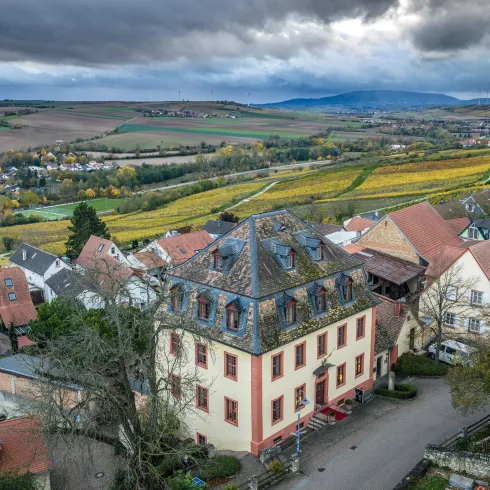 Eine malerische Landschaft mit einem charmanten historischen Gebäude im Vordergrund. Im Hintergrund sind sanfte Hügel und Weinfelder zu sehen.