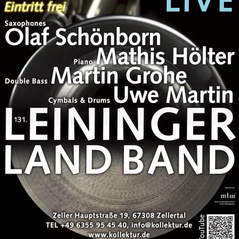 Ein Plakat für ein Jazzkonzert mit der Leininger Land Band. Es enthält Angaben zu Datum, Uhrzeit und Aufführenden.