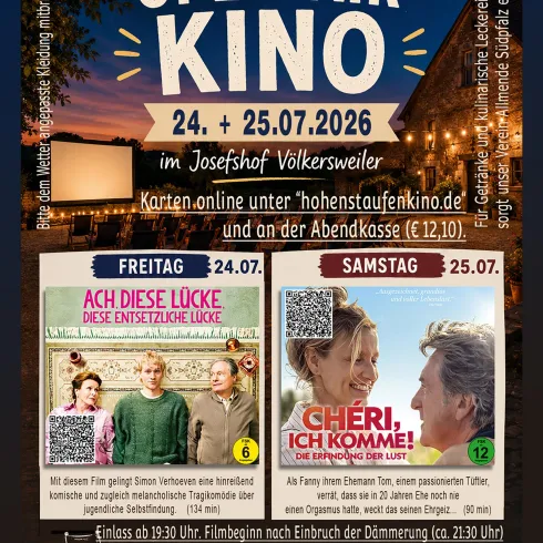Ein Plakat für ein Open-Air-Kino mit Terminen am 24. und 25. Juli 2026. Es zeigt Informationen zu den Filmen und Ticketpreisen sowie den Veranstaltungsort im Josefshof Völkersweiler.