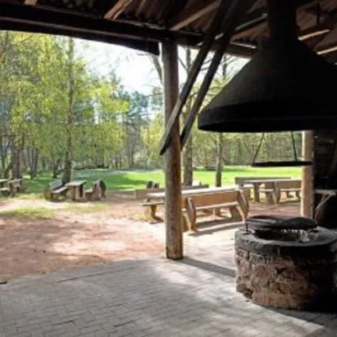 Ein gemütlicher Grillplatz unter einem Dach mit einer großen Feuerstelle. Im Hintergrund sieht man grüne Bäume und Sitzgelegenheiten im Freien.