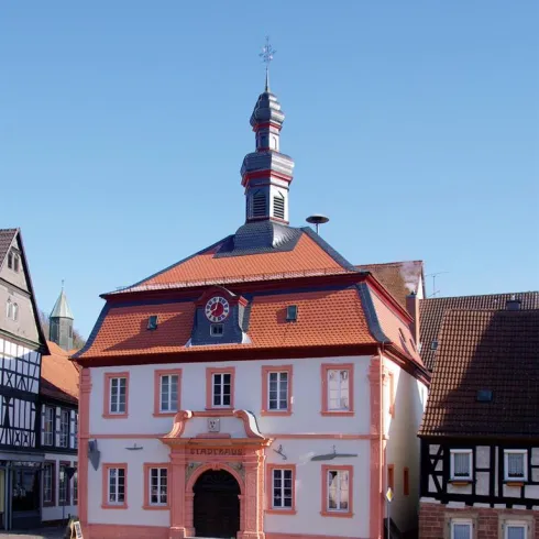 Ein historisches Gebäude mit einem auffälligen roten Dach und einer dekorativen Fassade. Daneben sind weitere traditionelle Häuser im Fachwerkstil zu sehen.