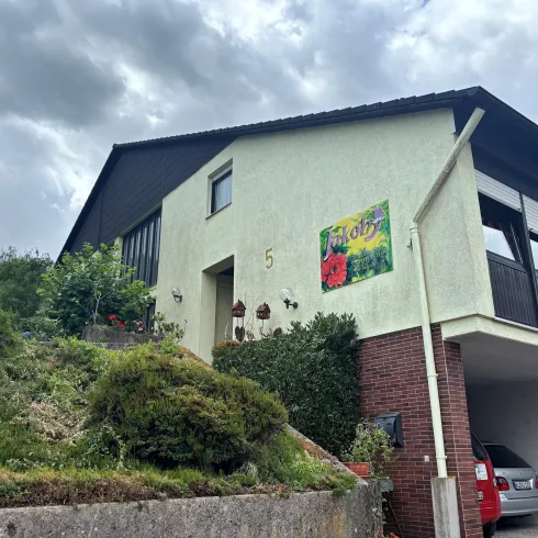 Ein zweigeschossiges Haus mit einem begrünten Hang und einem sichtbaren Auto in der Garage. Der Himmel ist bewölkt und es gibt eine bunte Wandmalerei an der Seite des Hauses.