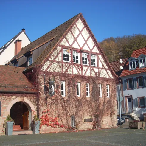 Ein historisches Gebäude mit Fachwerk und roten Weinranken. Im Hintergrund sind moderne Häuser zu sehen.