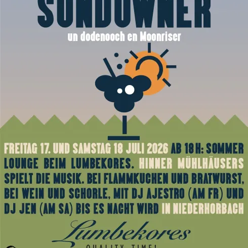 Ein Veranstaltungsplakat für eine Sommerlounge mit Musik und Essen. Es findet am 17. und 18. Juli 2026 in Niederhorbach statt.