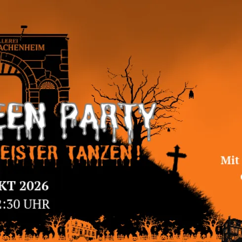 Eine Halloween-Party mit gruseliger Atmosphäre und festlicher Stimmung. Der Hintergrund zeigt eine schaurige Kulisse mit einer Statue und einem vollen Mond.