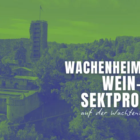 Eine Veranstaltungsankündigung für die Wachenheimer Wein- und Sektprobe auf der Wachtenburg. Im Hintergrund ist die Burg sowie die umliegende grüne Landschaft zu sehen.