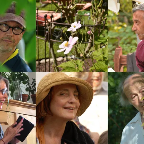 Eine Collage von sechs Personen, die in verschiedenen Umgebungen gezeigt werden. Einige wirken nachdenklich, während andere fröhlich sprechen oder sich mit der Natur beschäftigen.