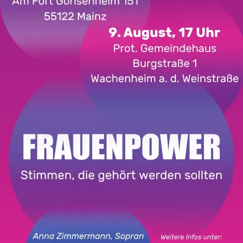 Ein Plakat für die Veranstaltung "Frauenpower", das Details über die Termine und den Ort enthält. Es zeigt einen bunten Hintergrund mit modernen Schriftarten und Informationen über die Künstlerinnen.