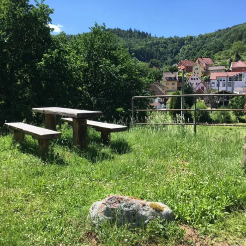 Ein ruhiger Platz mit einer Bänke und einer Holzfigur inmitten von grünem Gras. Im Hintergrund sind Häuser und ein bewaldeter Hügel zu sehen.