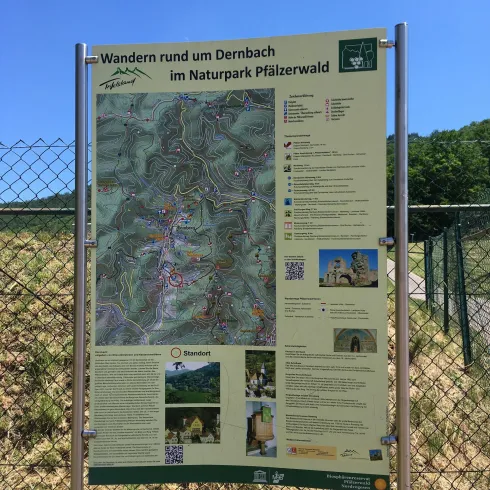 Eine Info-Tafel für Wanderungen rund um Dernbach im Naturpark Pfälzerwald. Die Tafel zeigt eine Karte und Informationen zu den Wanderwegen.