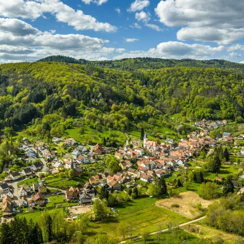 Eine malerische Aussicht auf ein kleines Dorf umgeben von grünen Hügeln und Wäldern. Der Himmel ist blau mit einigen weißen Wolken.