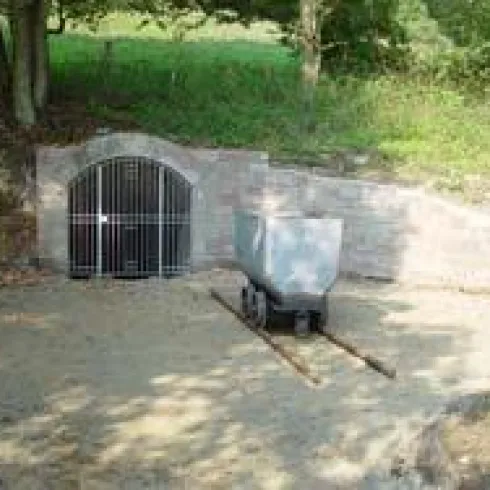 Ein Tunnel mit einem Gittertor und einer Lorenbahn. Im Hintergrund sind Bäume und eine grüne Wiese zu sehen.