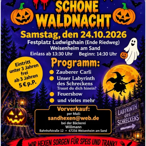 Bblaues Plakat mit Kürbissen, Gespenstern und Hexen zur 10. schaurig schönen Waldnacht der Sandhexen Weisenheim/Sd.
