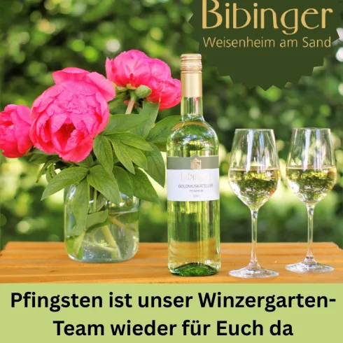 Plakat mit einer Flasche Weißwein, zwei Gläsern und einem Strauß Pfingstrosen.