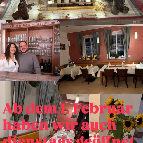 Ein einladendes Restaurant mit einem hellen Innenraum, dekorativen Tischen und Stühlen. Das Bild zeigt ein Pizzalogo und Informationen über die Öffnungszeiten.