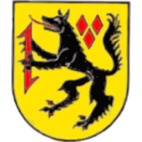Ein Wappen mit einem schwarzen Wolf auf gelbem Hintergrund. Der Wolf hält einen roten Blitze und es sind auch rote Rauten zu sehen.