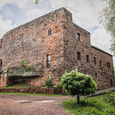 Eine alte Burg aus Stein, umgeben von Bäumen und Gras. Der Himmel ist bewölkt und die Landschaft wirkt ruhig und natürlich.