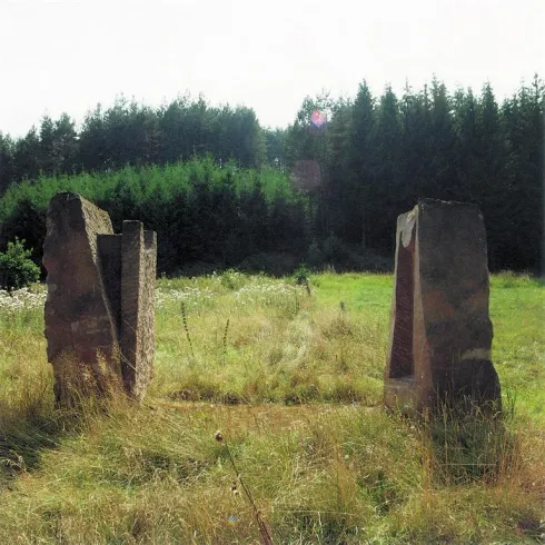 Zwei große Steinstelen stehen in einem grünen Feld, umgeben von hohem Gras und Bäumen im Hintergrund. Das Licht scheint durch die Bäume und schafft eine ruhige Atmosphäre.