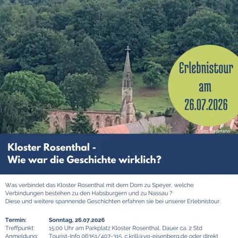 Eine Veranstaltungsankündigung für eine Erlebnistour zum Kloster Rosenthal. Der Termin ist der 26. Juli 2026 und die Tour bietet spannende Geschichten zur Geschichte des Klosters.