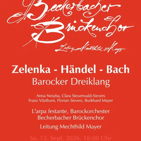 Ein Veranstaltungsposter für ein Konzert mit barocker Musik von Zelenka, Händel und Bach. Es gibt Details zu Datum, Uhrzeit und Ort der Aufführungen.