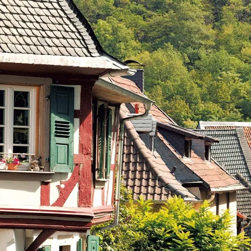 Eine charmante Altstadt mit traditionellen Fachwerkhäusern. Die grünen Fensterladen und die umgebende Natur schaffen eine malerische Atmosphäre.