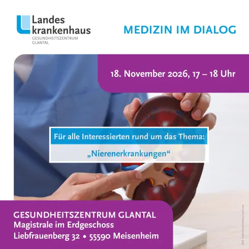 Ein Informationsflyer über eine Veranstaltung zum Thema "Nierenerkrankungen". Die Veranstaltung findet am 18. November 2026 im Gesundheitszentrum Glantal statt.