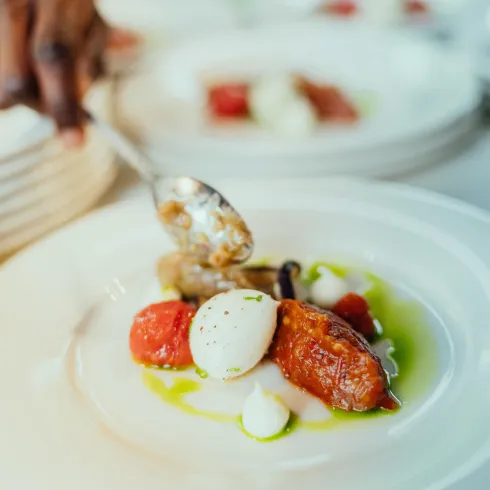 Ein Teller mit farbenfrohem Essen, darunter frische Tomaten, eine cremige Zutat und eine grüne Sauce. Eine Hand reicht einen Löffel, um das Gericht zu servieren.