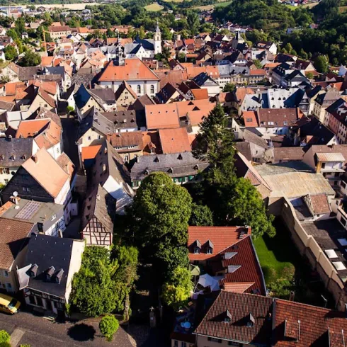 Eine Luftaufnahme einer kleinen Stadt mit vielen roten Dächern und grünen Bäumen. Die Architektur ist vielfältig und die Straßen sind gut angelegt.