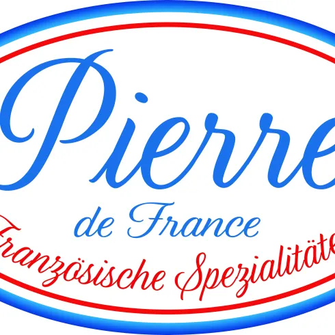 Ein stilvolles Logo mit dem Namen "Pierre" in blauen Buchstaben. Darunter steht "Französische Spezialitäten" in roter Schrift.