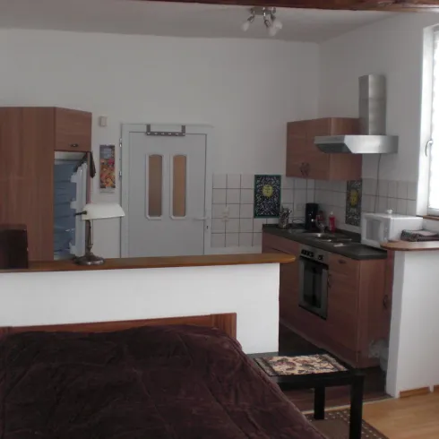 Eine kleine, moderne Küche in einem offenen Wohnraum mit einem Bett. Helle Wände und Holzböden schaffen eine gemütliche Atmosphäre.