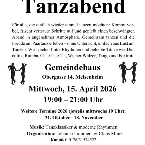 Ein Tanzabend im Gemeindehaus in Meisenheim mit verschiedenen Tanzstilen. Die Veranstaltung findet am 15. April 2026 von 19:00 bis 21:00 Uhr statt.